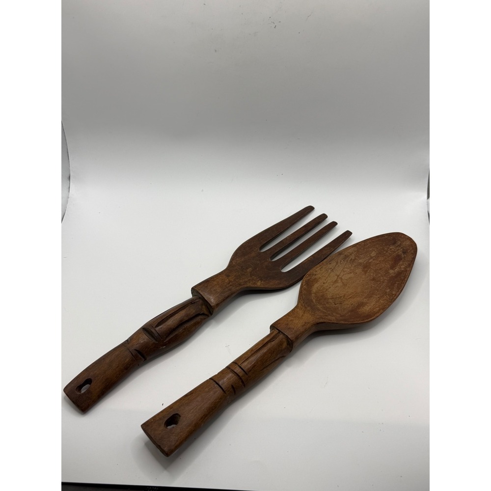Vtg Hand Carved Wood Kitchen Wall Decor Set Fork Spoon Philippines Tribal